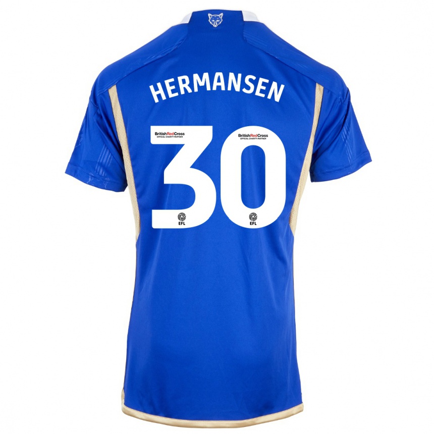 Vyrai Mads Hermansen #30 Karališkai Mėlyna Namų Marškinėliai 2023/24 T-Shirt