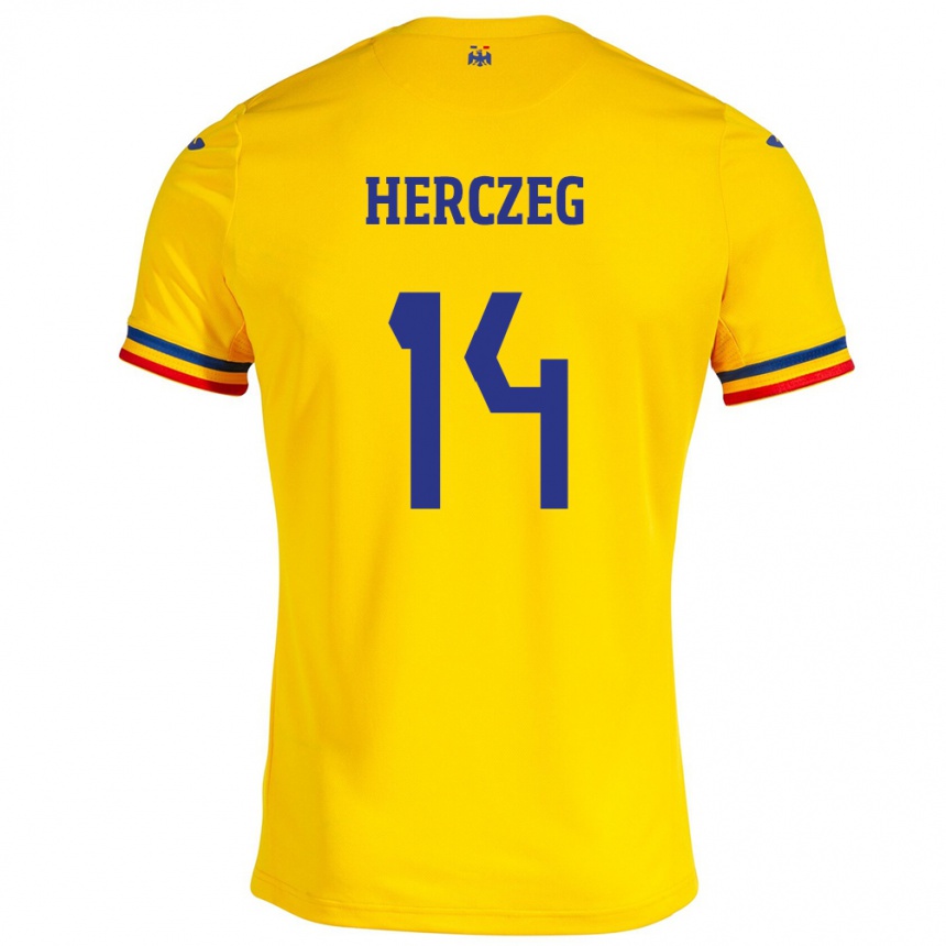 Vaikiškas Rumunija Andrea Herczeg #14 Geltona Namų Marškinėliai 24-26 T-Shirt