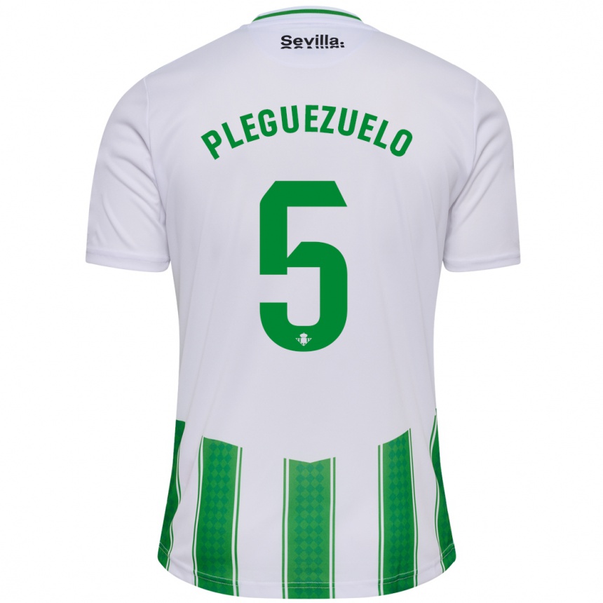 Vaikiškas Xavi Pleguezuelo #5 Baltas Namų Marškinėliai 2023/24 T-Shirt