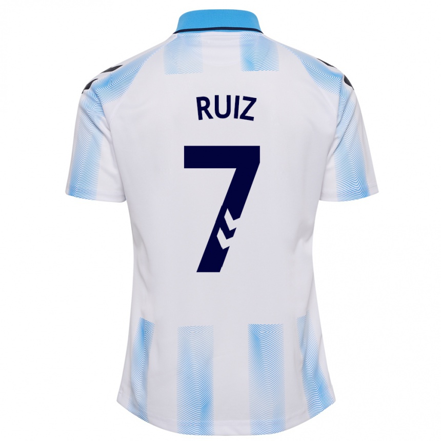 Moteriškas María Ruiz #7 Balta Mėlyna Namų Marškinėliai 2023/24 T-Shirt