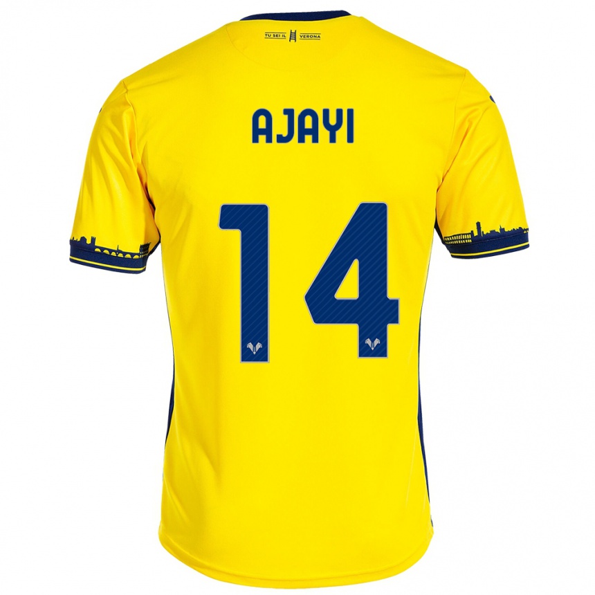 Moteriškas Junior Ajayi #14 Geltona Išvykos Marškinėliai 2023/24 T-Shirt