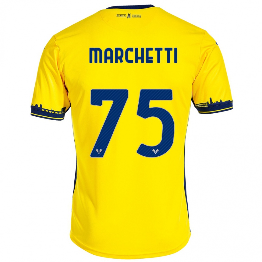 Moteriškas Nicolò Marchetti #75 Geltona Išvykos Marškinėliai 2023/24 T-Shirt