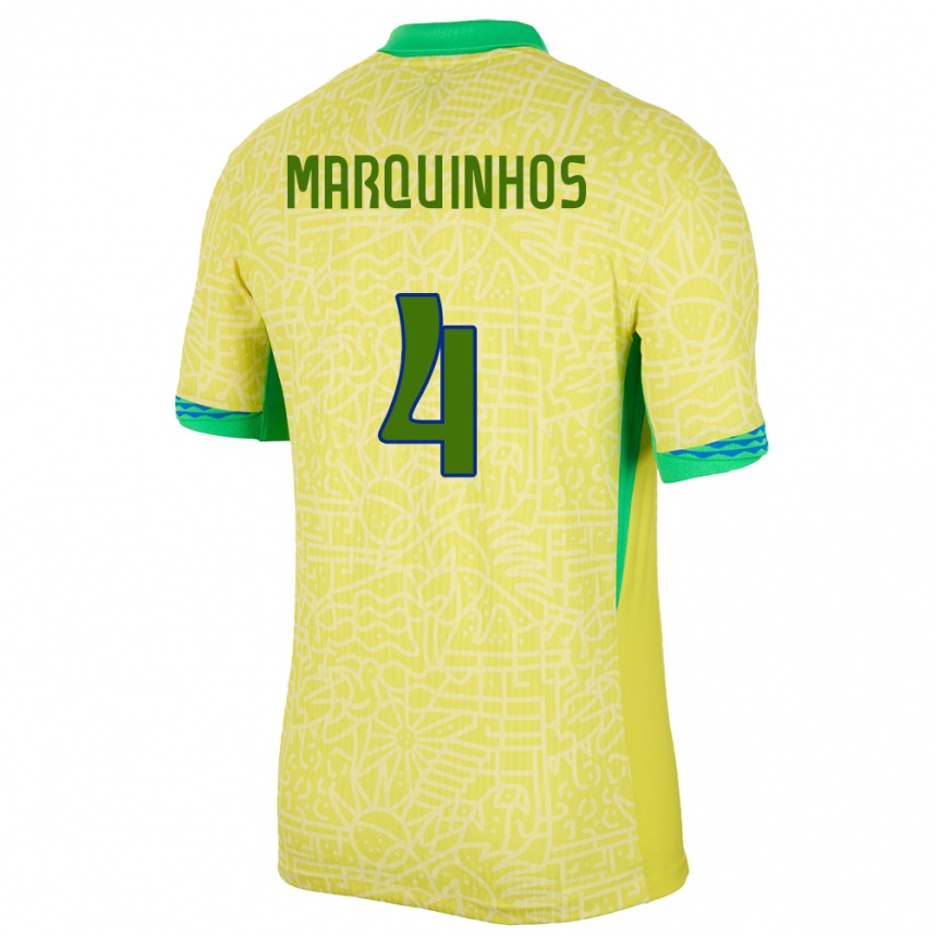 Vaikiškas Brazilija Marquinhos #4 Geltona Namų Marškinėliai 24-26 T-Shirt