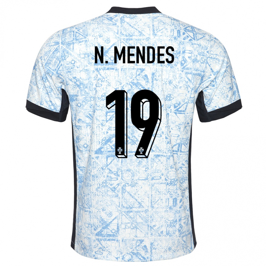 Vyrai Portugalija Nuno Mendes #19 Kreminė Mėlyna Išvykos Marškinėliai 24-26 T-Shirt