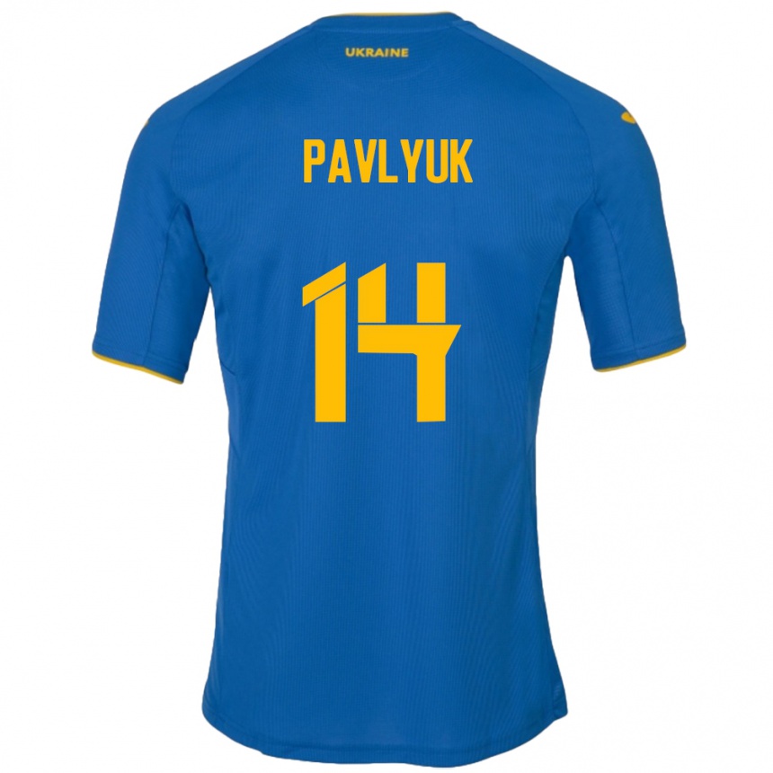 Moteriškas Ukraina Yevgen Pavlyuk #14 Mėlyna Išvykos Marškinėliai 24-26 T-Shirt