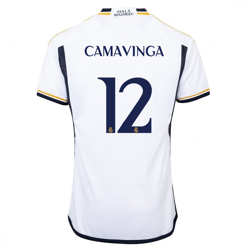 Vaikiškas Eduardo Camavinga #12 Baltas Namų Marškinėliai 2023/24 T-Shirt