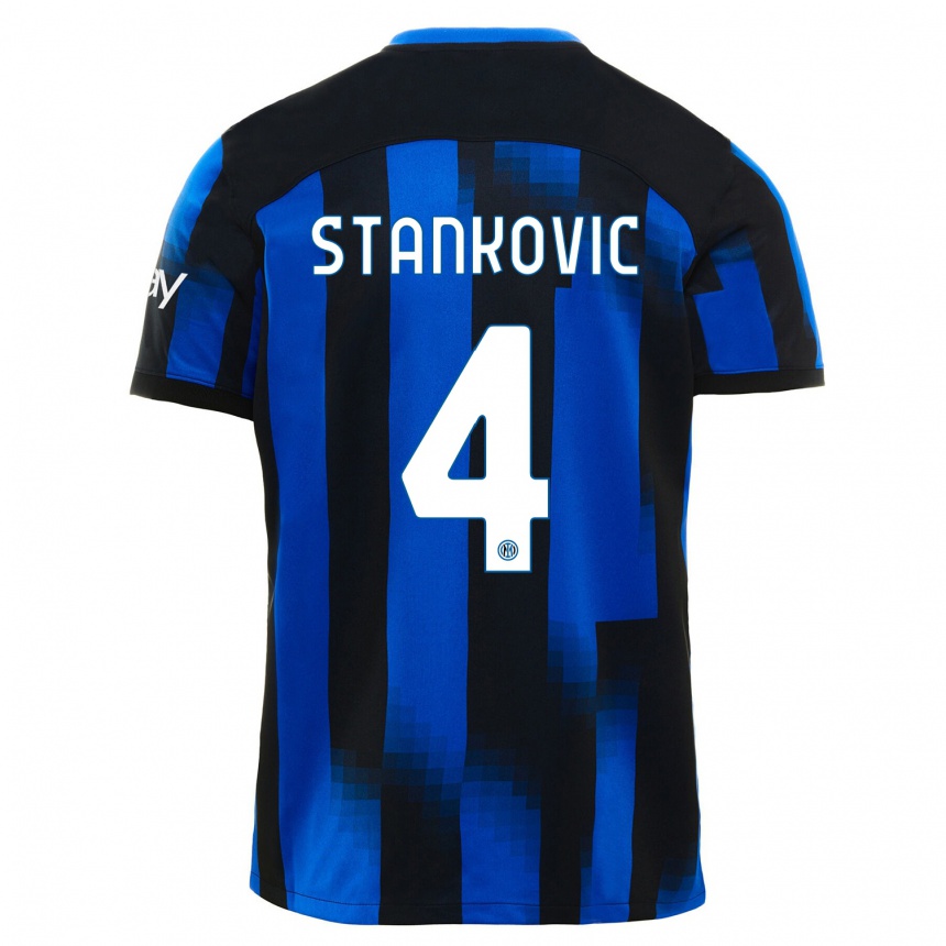 Vaikiškas Aleksandar Stankovic #4 Juoda Mėlyna Namų Marškinėliai 2023/24 T-Shirt