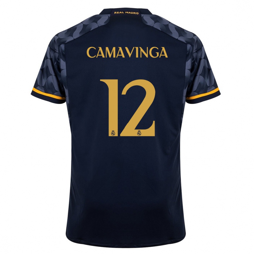 Vaikiškas Eduardo Camavinga #12 Tamsiai Mėlyna Išvykos Marškinėliai 2023/24 T-Shirt