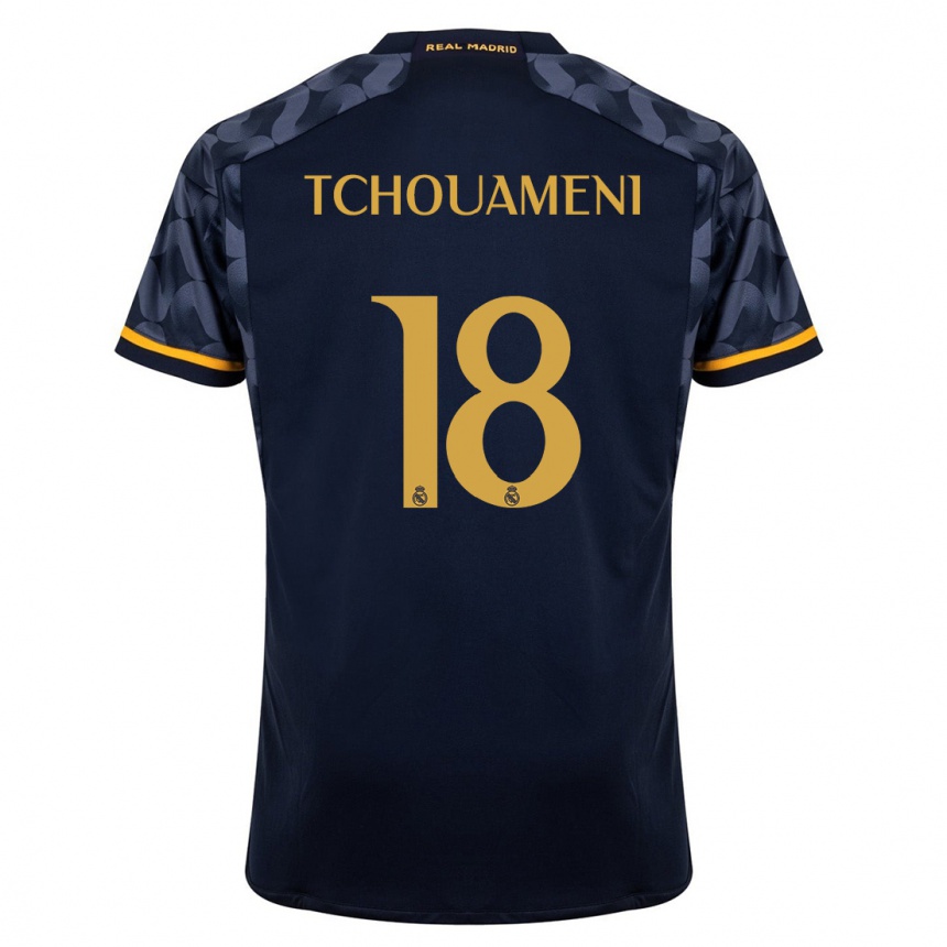 Vaikiškas Aurelien Tchouameni #18 Tamsiai Mėlyna Išvykos Marškinėliai 2023/24 T-Shirt