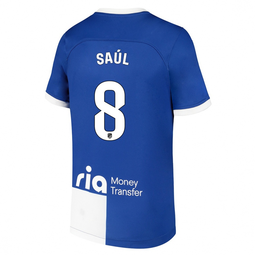 Vaikiškas Saul Niguez #8 Mėlyna Balta Išvykos Marškinėliai 2023/24 T-Shirt