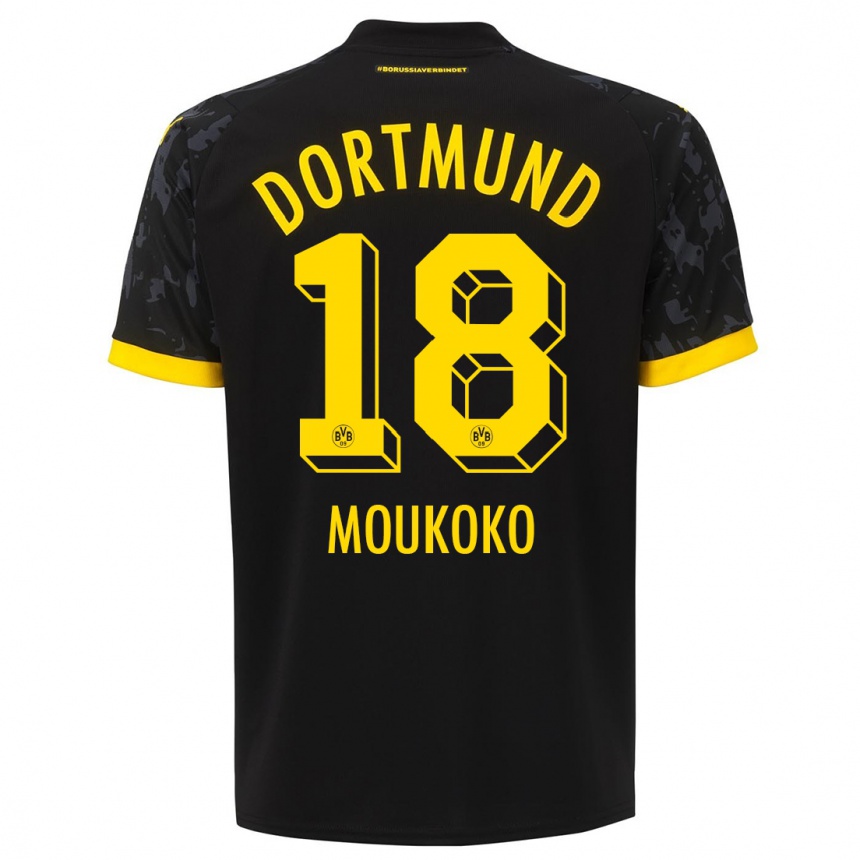 Vaikiškas Youssoufa Moukoko #18 Juoda Išvykos Marškinėliai 2023/24 T-Shirt