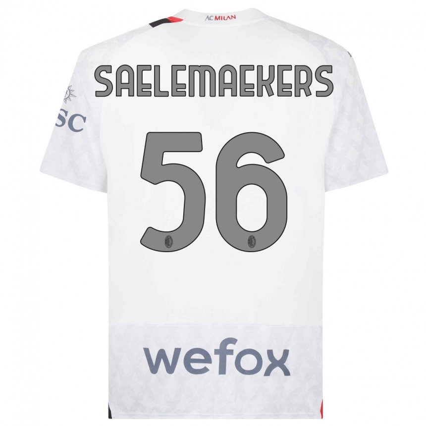 Vaikiškas Alexis Saelemaekers #56 Baltas Išvykos Marškinėliai 2023/24 T-Shirt