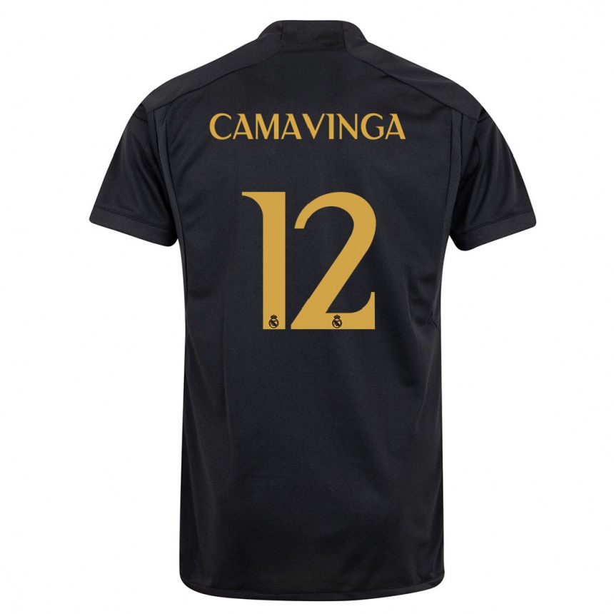 Vaikiškas Eduardo Camavinga #12 Juoda Trečias Marškinėliai 2023/24 T-Shirt