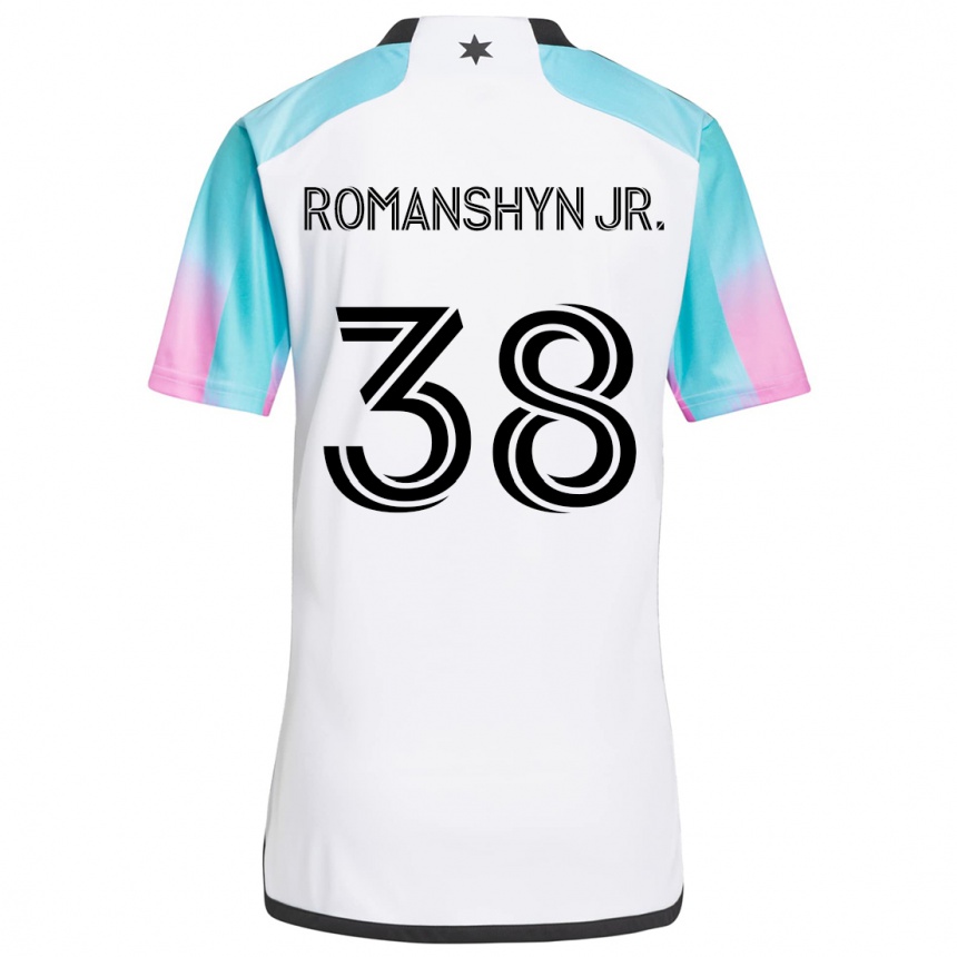 Vaikiškas Kage Romanshyn Jr. #38 Balta Mėlyna Juoda Išvykos Marškinėliai 2024/25 T-Shirt