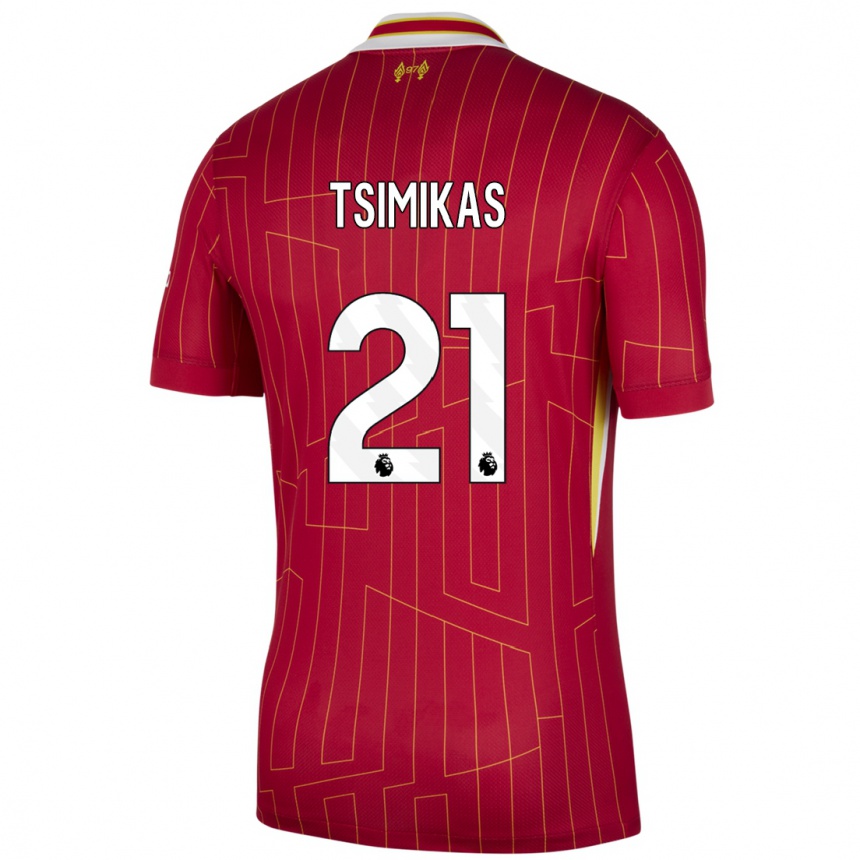 Vaikiškas Konstantinos Tsimikas #21 Raudona Geltona Balta Namų Marškinėliai 2024/25 T-Shirt