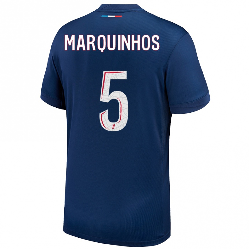 Vaikiškas Marquinhos #5 Tamsiai Mėlyna Balta Namų Marškinėliai 2024/25 T-Shirt