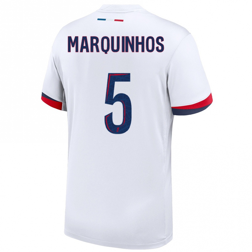 Vaikiškas Marquinhos #5 Balta Mėlyna Raudona Išvykos Marškinėliai 2024/25 T-Shirt