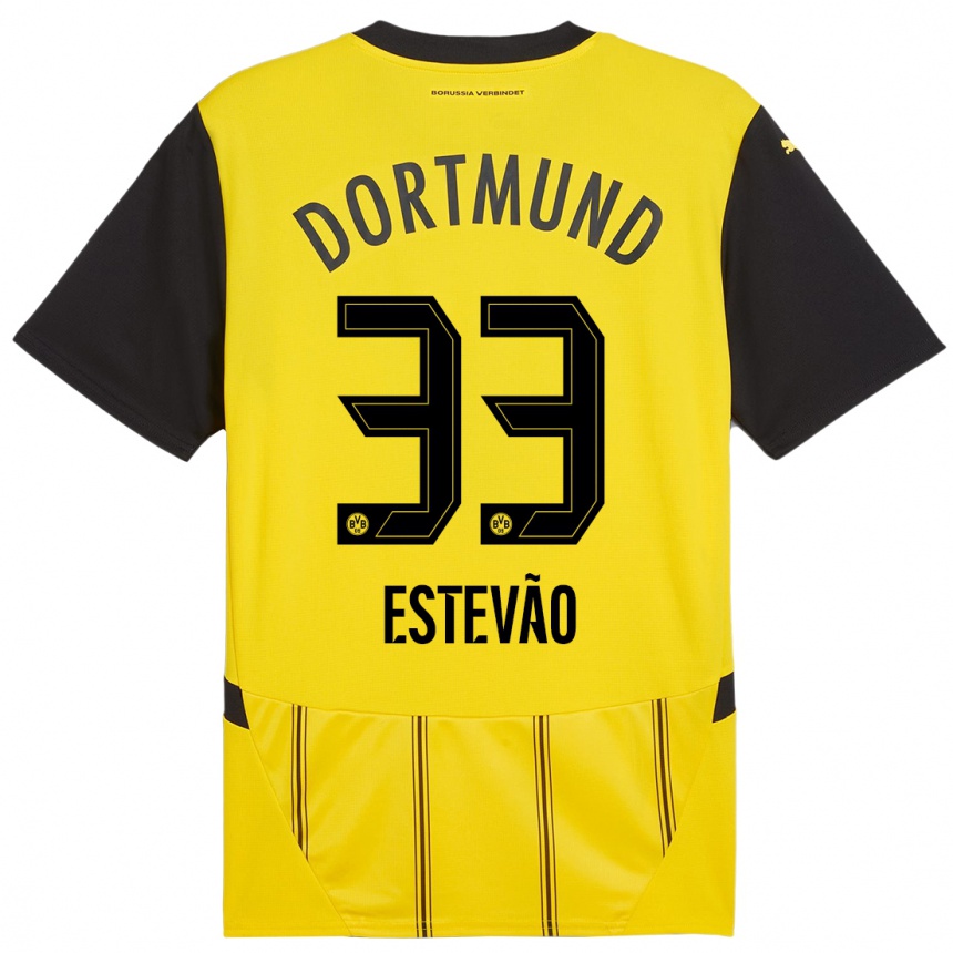 Vaikiškas Tiago Estevão #33 Geltona Juoda Namų Marškinėliai 2024/25 T-Shirt