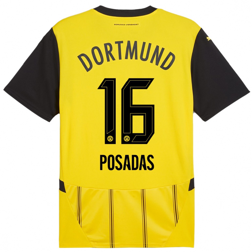 Moteriškas Leonardo Posadas #16 Geltona Juoda Namų Marškinėliai 2024/25 T-Shirt