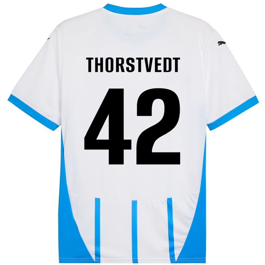 Vaikiškas Kristian Thorstvedt #42 Balta Mėlyna Išvykos Marškinėliai 2024/25 T-Shirt