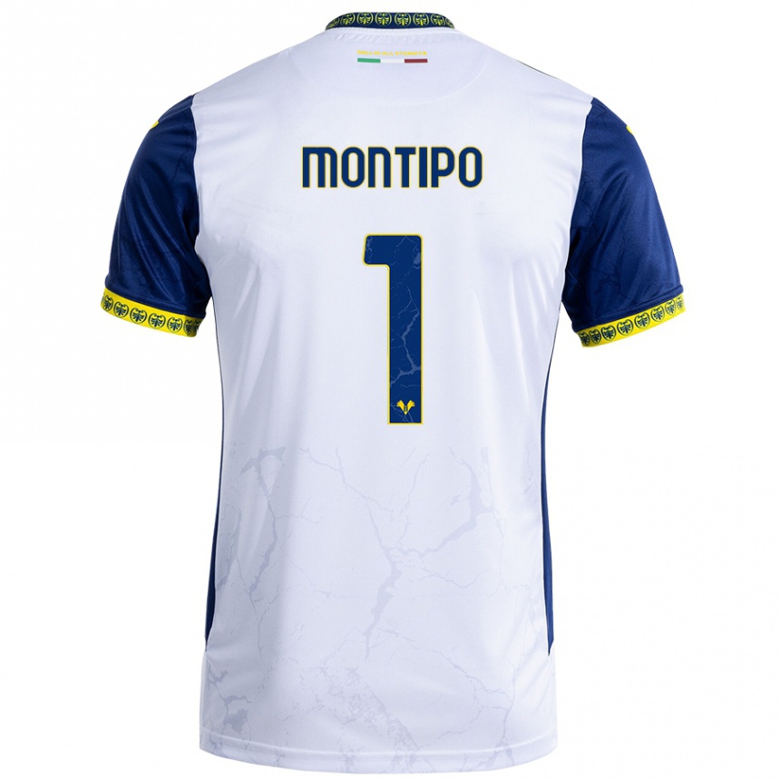 Vaikiškas Lorenzo Montipò #1 Balta Mėlyna Išvykos Marškinėliai 2024/25 T-Shirt