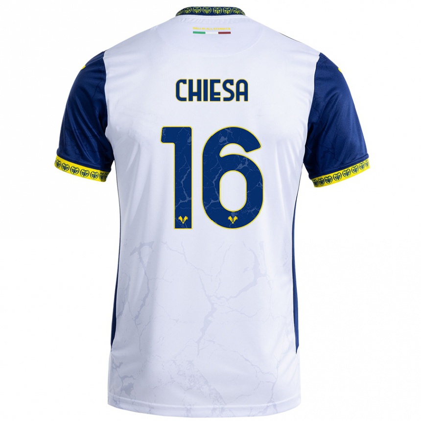 Vyrai Mattia Chiesa #16 Balta Mėlyna Išvykos Marškinėliai 2024/25 T-Shirt