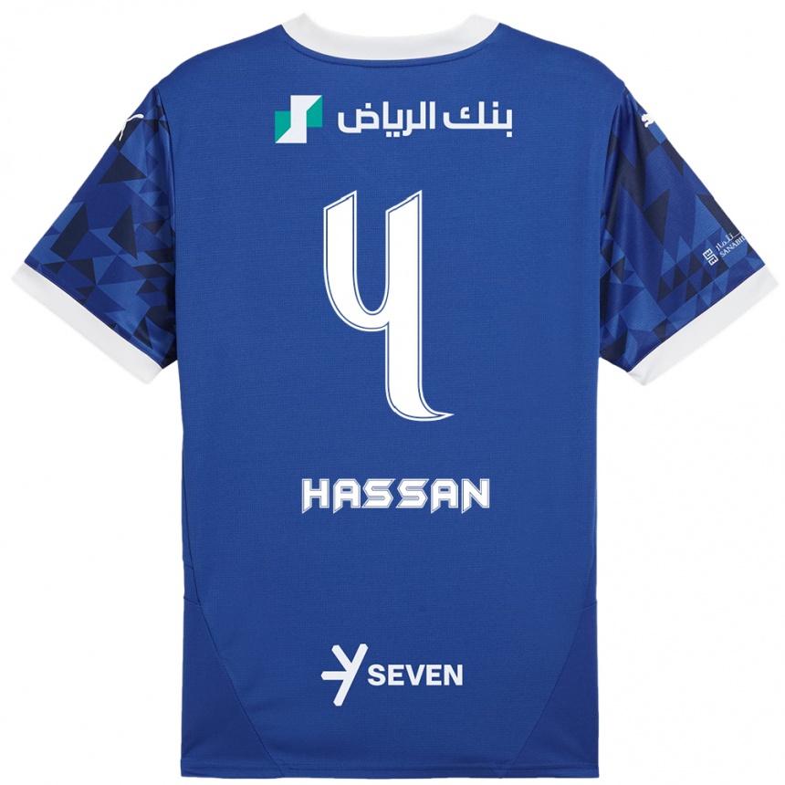 Vaikiškas Eman Hassan #4 Tamsiai Mėlyna Balta Namų Marškinėliai 2024/25 T-Shirt