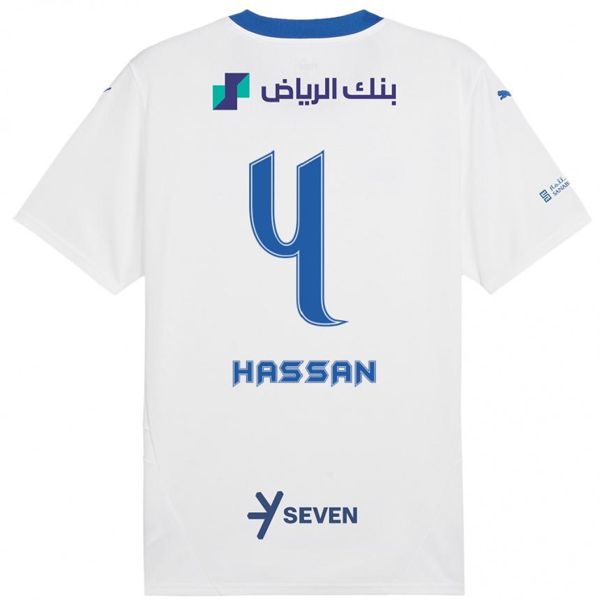 Vaikiškas Eman Hassan #4 Balta Mėlyna Išvykos Marškinėliai 2024/25 T-Shirt